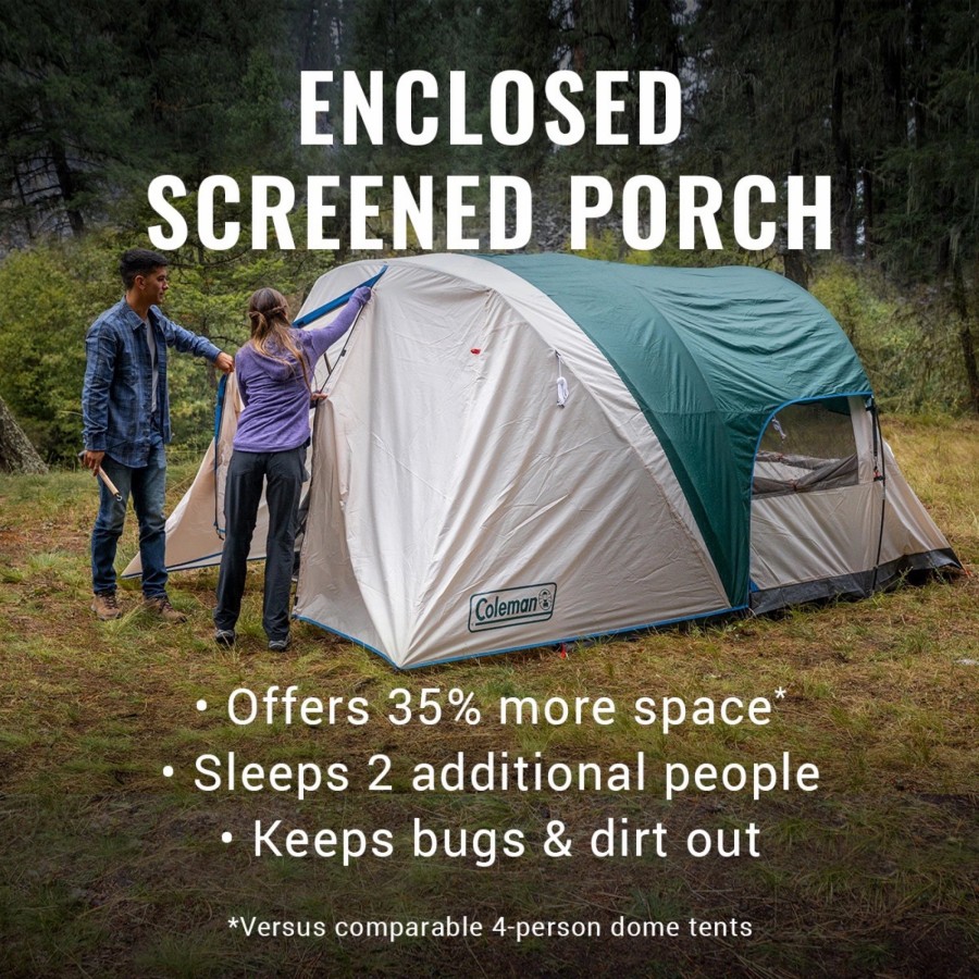 Coleman 4-Person Cabin Tent With Enclosed Weatherproof Screened Porch, Evergreen Cabin Tents